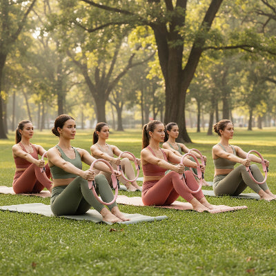 anneau pilates groupe de femmes font du pilates au parc