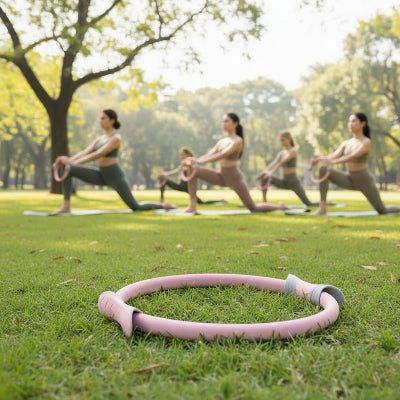 anneau de pilates groupe de femme font des exercices de pilates au parc