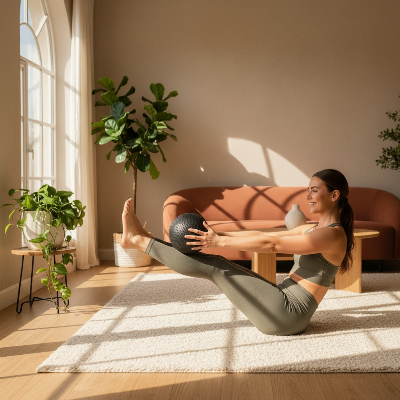 ballon pilates une fille souriante s'entraine au salon