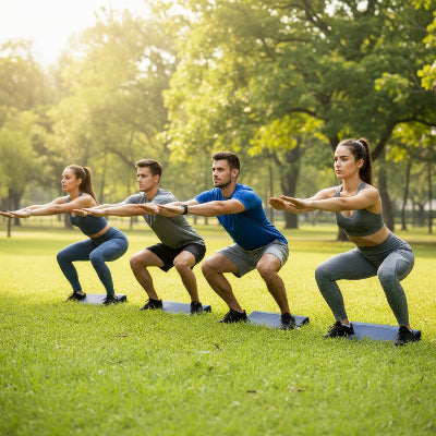 brique yoga groupe d'hommes et femmes font du squat au parc