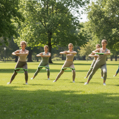 Cercle Pilates à élasticité calibrée un groupe s'éxerce au parc 