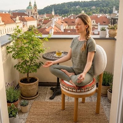 Coussin yoga une fille en plein méditation en térasse