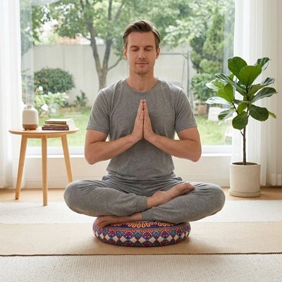 Coussin yoga un homme fait du yoga au salon