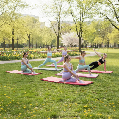 tapis de gym rose groupe de fille en séance de sport au parc
