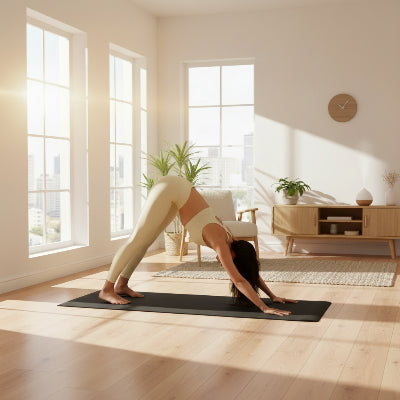 tapis de yoga fille fait du yoga au salon