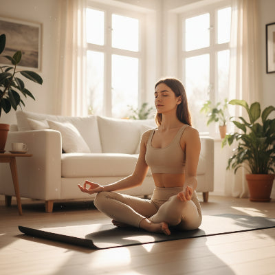 tapis de yoga fille fait méditation au salon