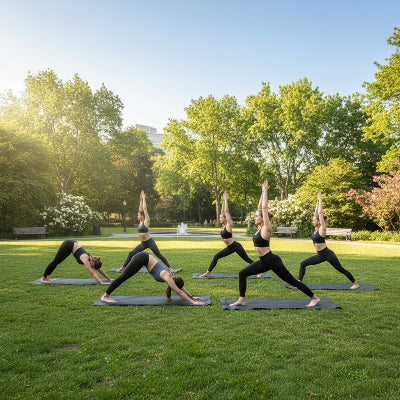 tapis de yoga groupe de femme font du yoga au parc