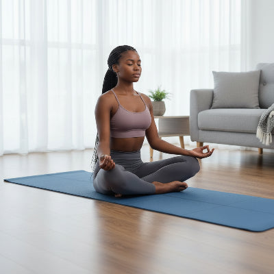 tapis yoga fille fait méditation au salon