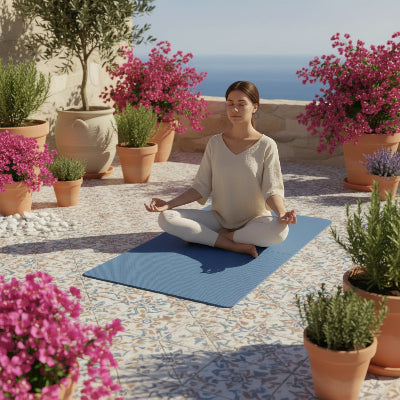 tapis yoga fille pratique de la méditation au térasse