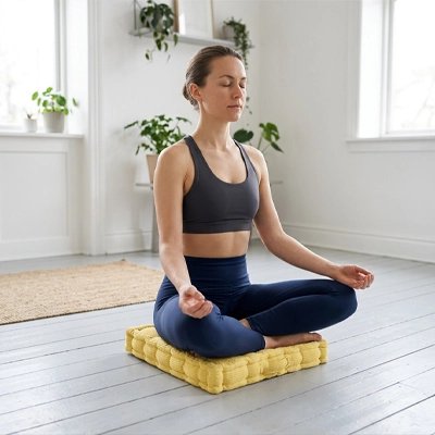 Zafu carré jaune une fille fait du yoga