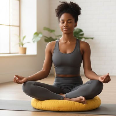Zafu de méditation une fille qui fait du yoga à la maison