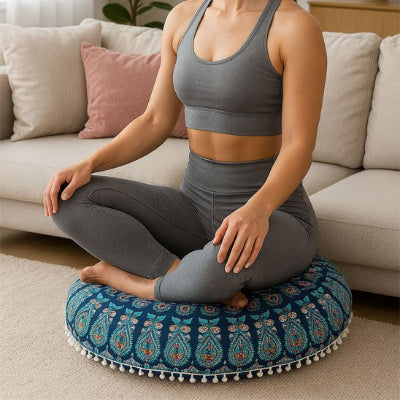 Zafu pour yoga et méditation mondala bleu